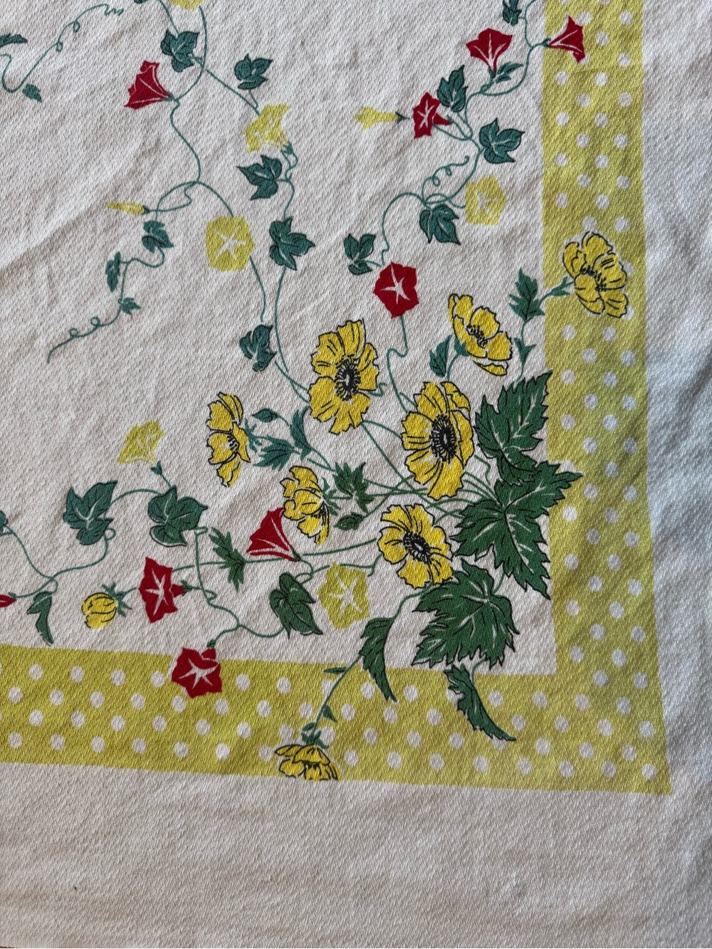 Vintage 1950’s Cotton Floral Yellow Polka Dot Tablecloth WithBright Floral Print